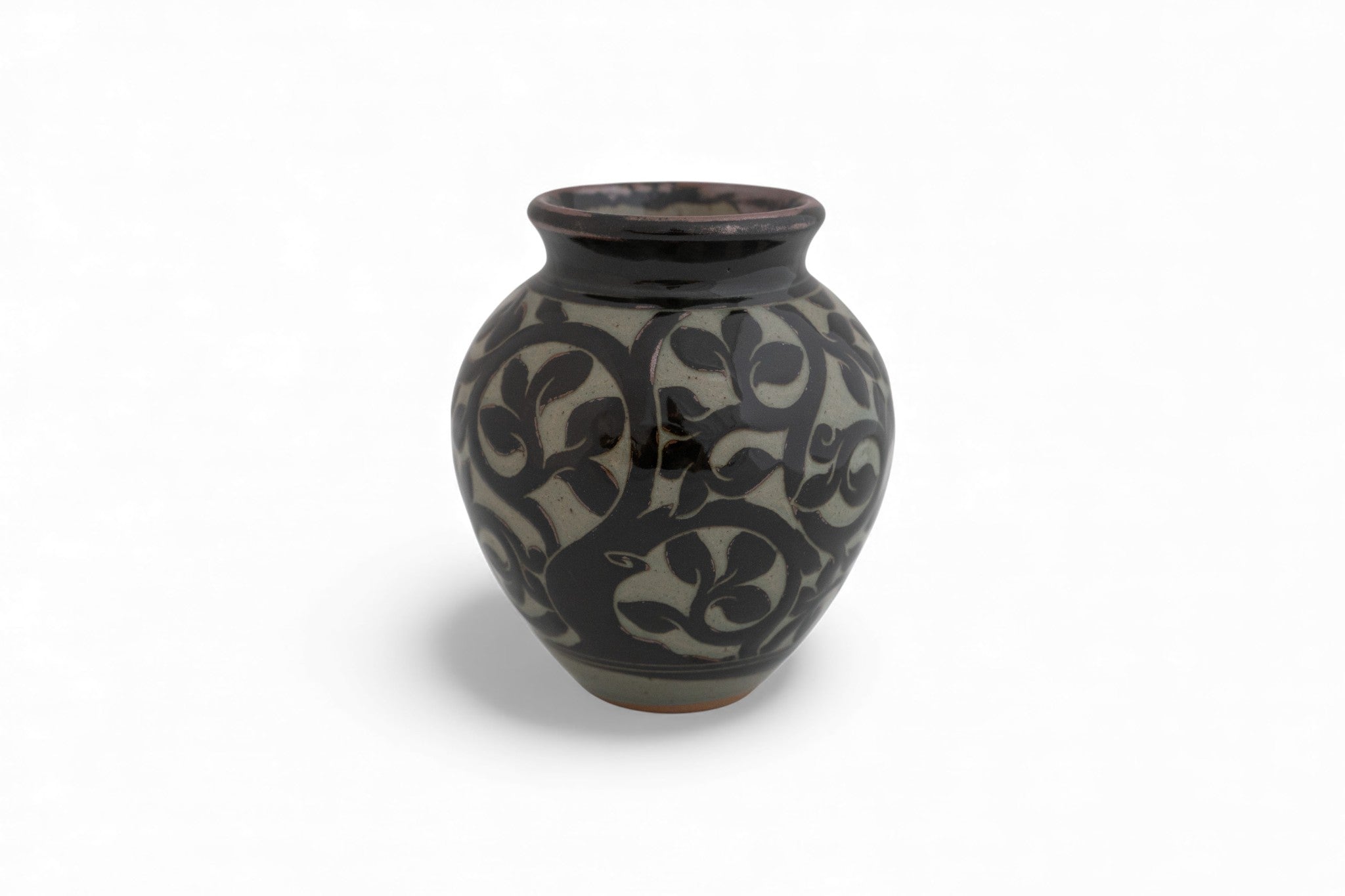 Vermont Handmade stoneware black carved vase tree pattern