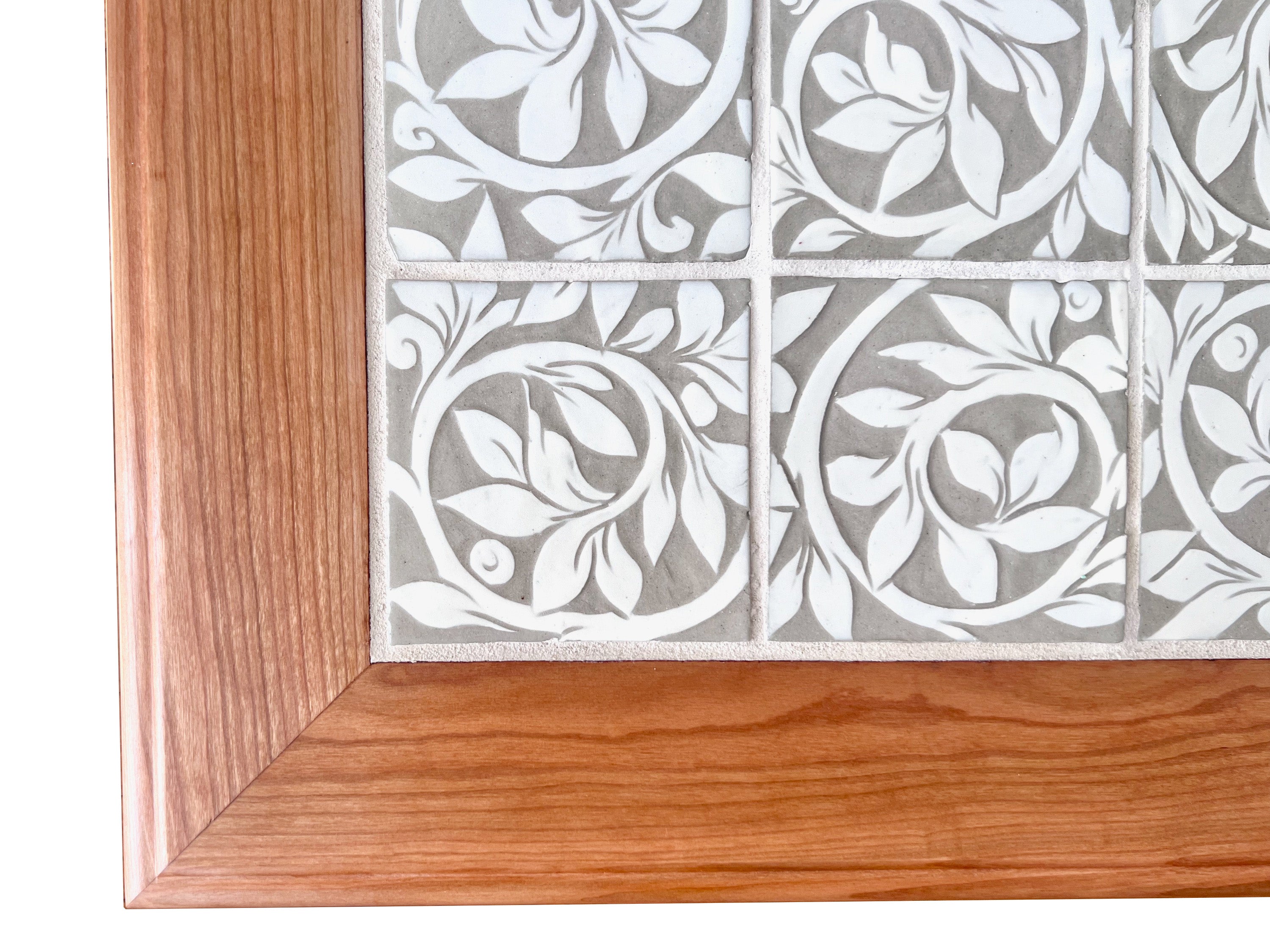 Cherry Rectangular Coffee Table with Cream Carved Tree of Tile Top