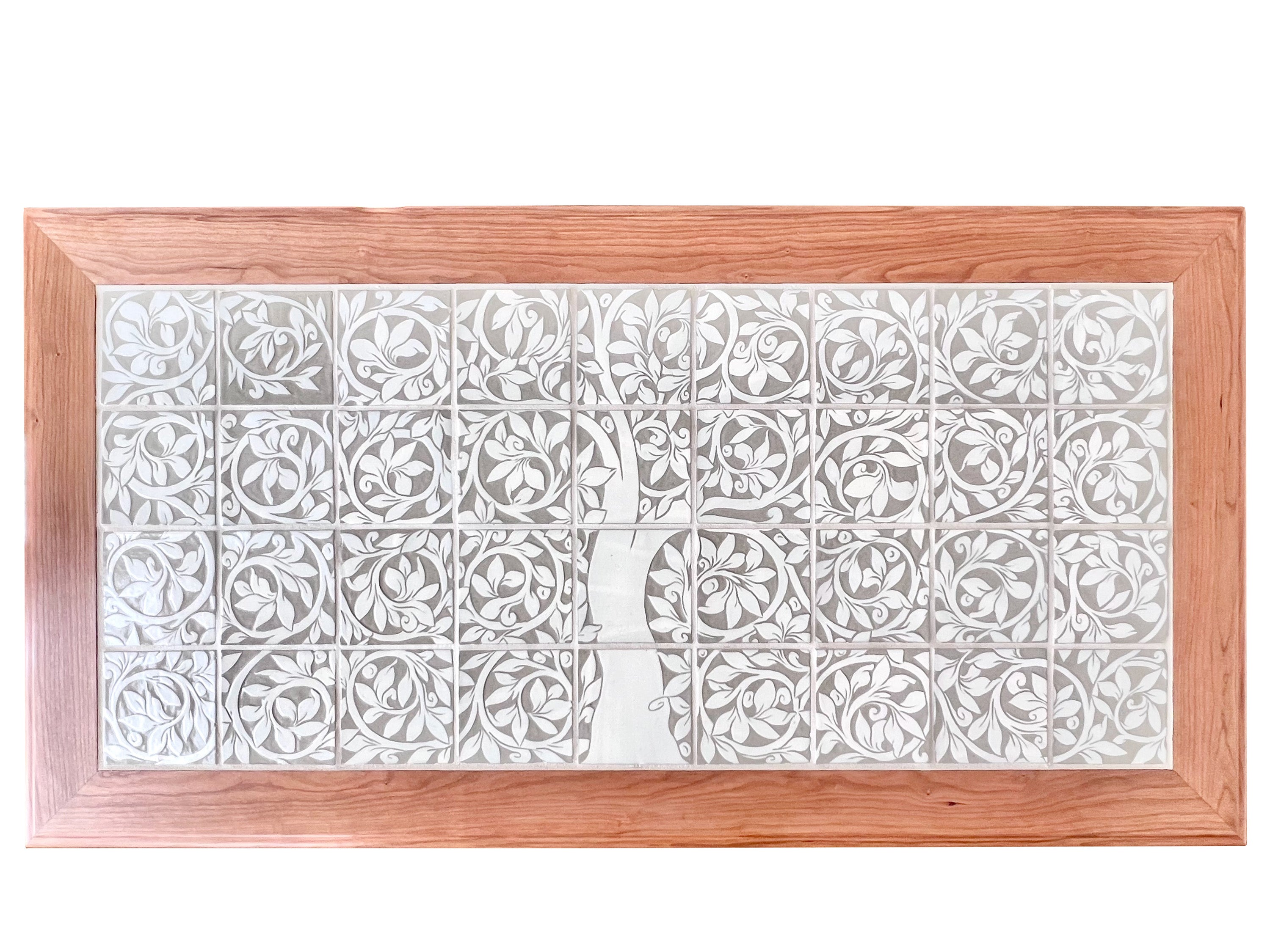 Cherry Rectangular Coffee Table with Cream Carved Tree of Tile Top
