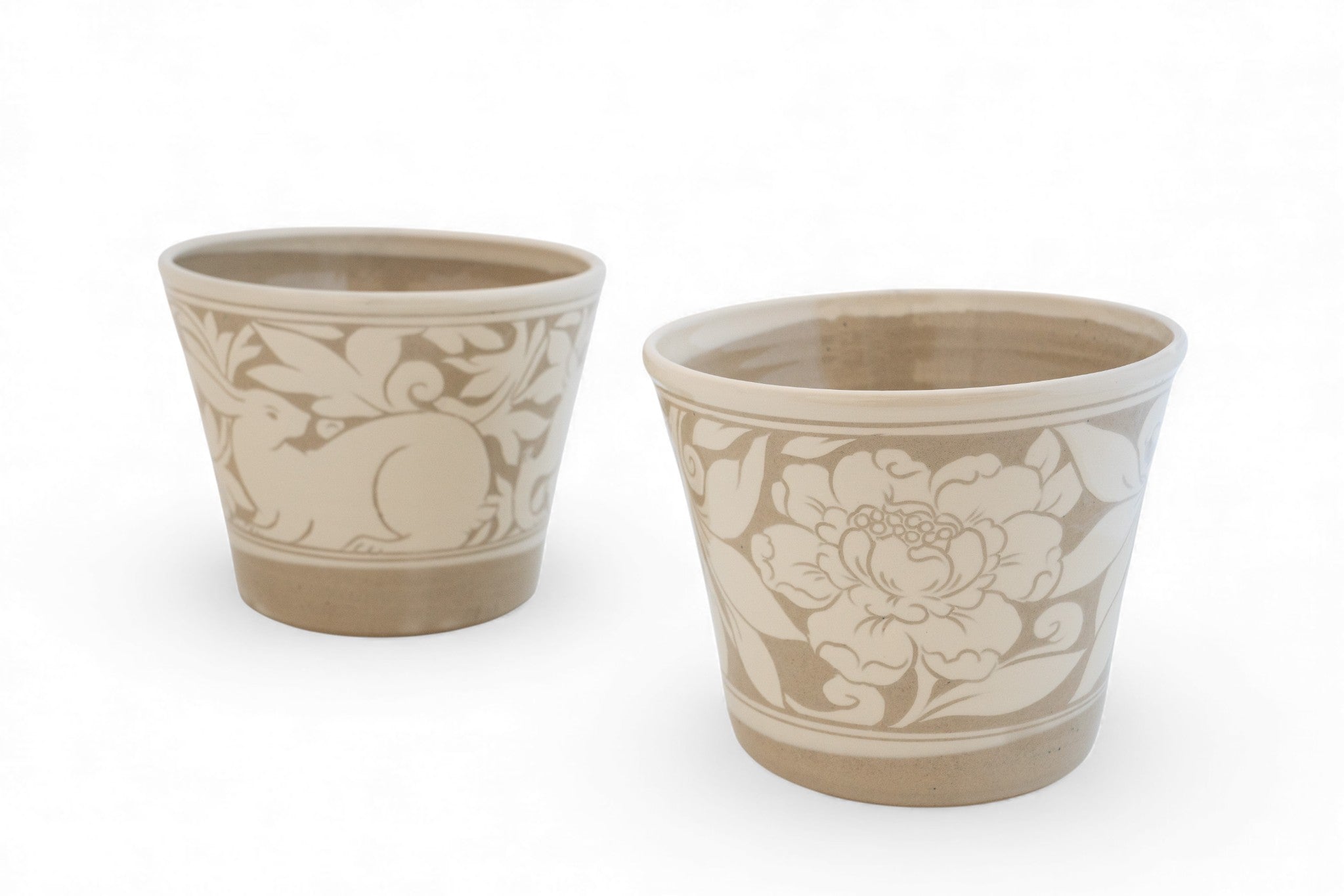 Cream Carved Pottery Cache Pots