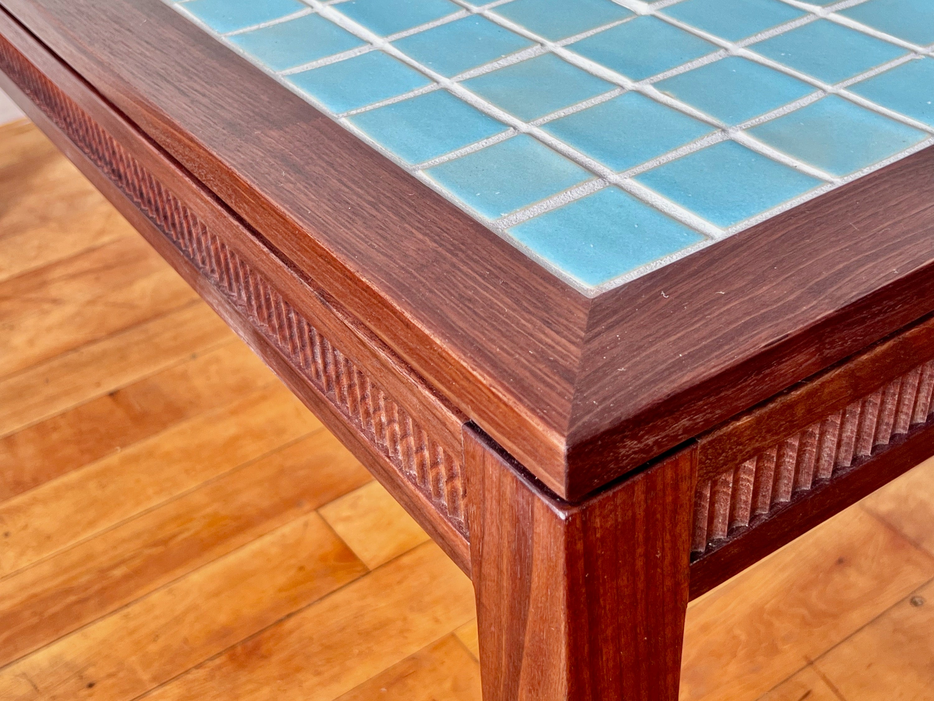 Walnut Modern Classic Coffee Table with Blue Sky Tile Top