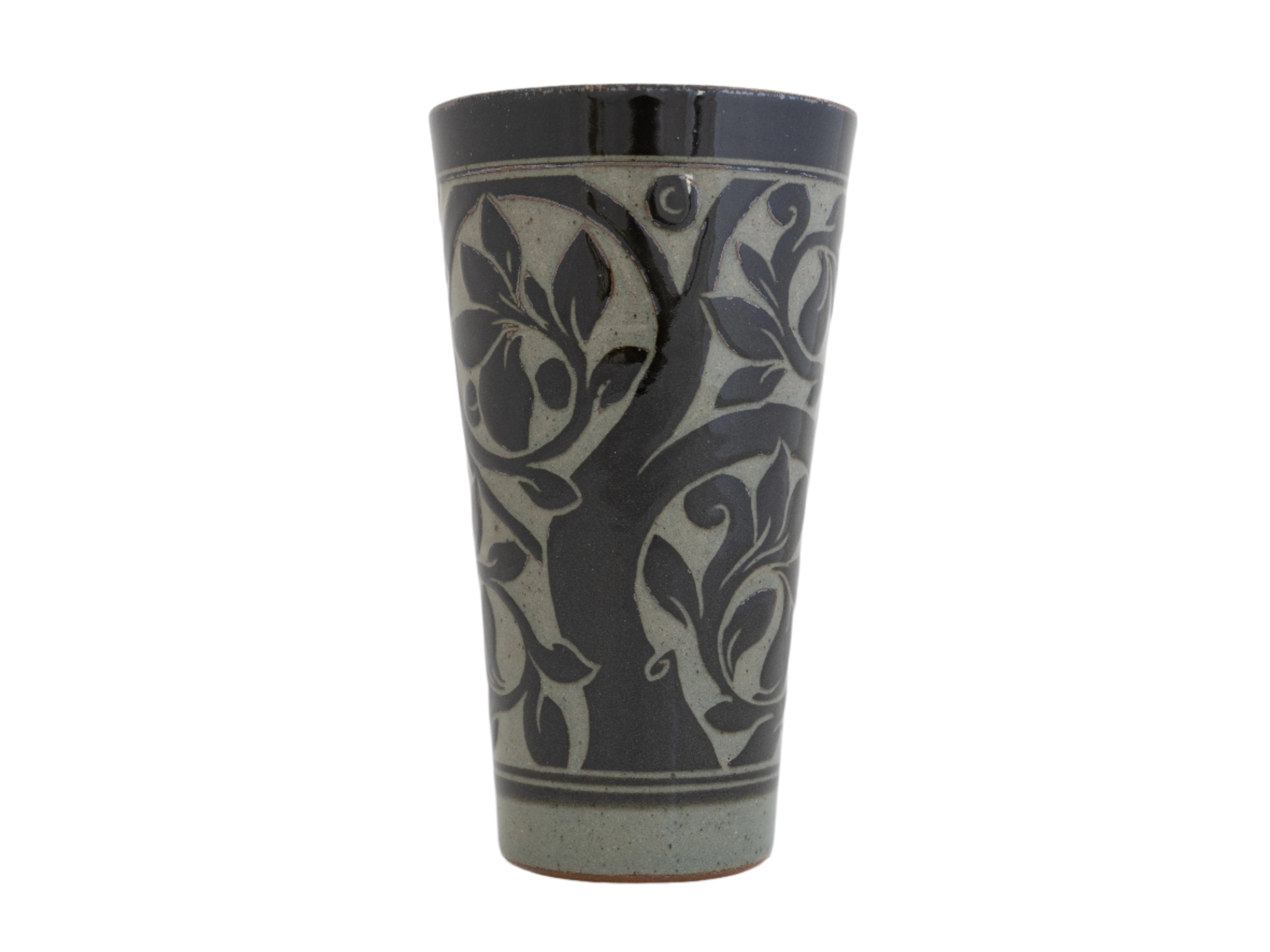 Handmade Stoneware black carved beaker cup tree pattern