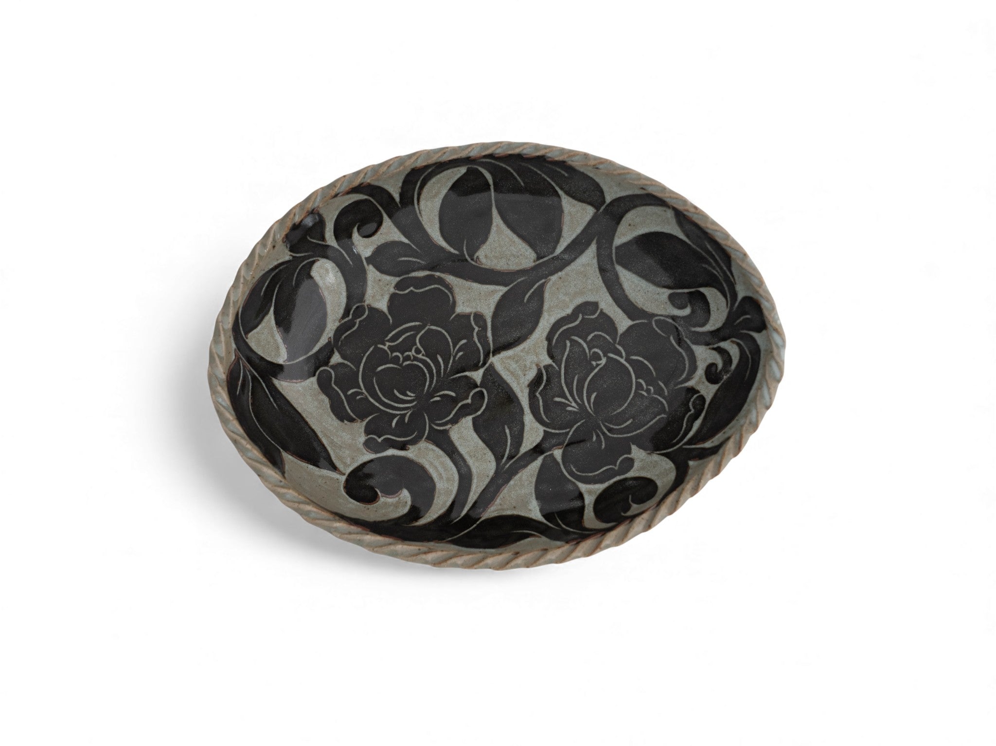 Handmade stoneware oval black carved platters with peony flower pattern