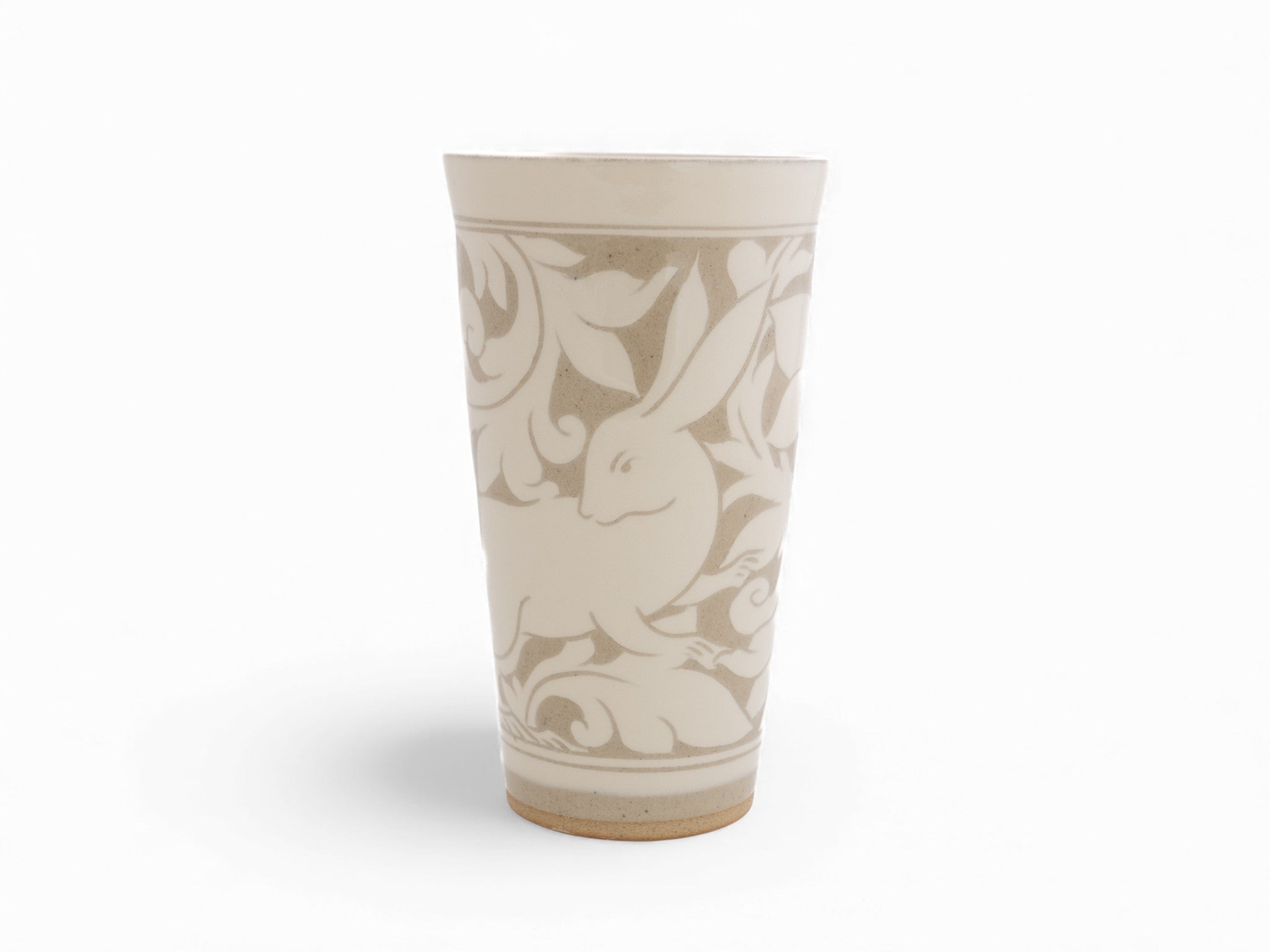Handmade stoneware cream beaker cup rabbit pattern