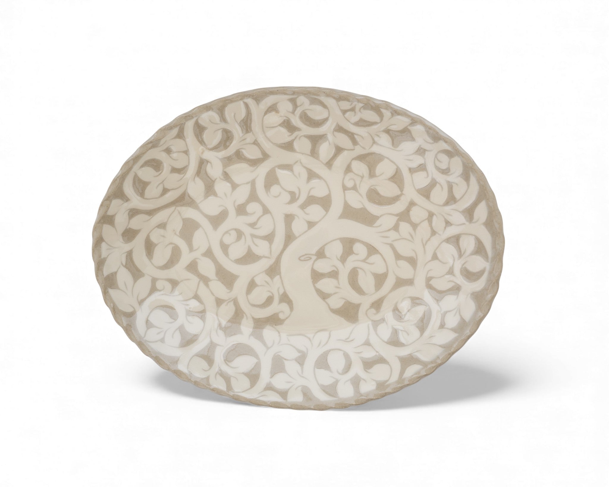 Handmade stoneware oval cream carved platters with tree pattern