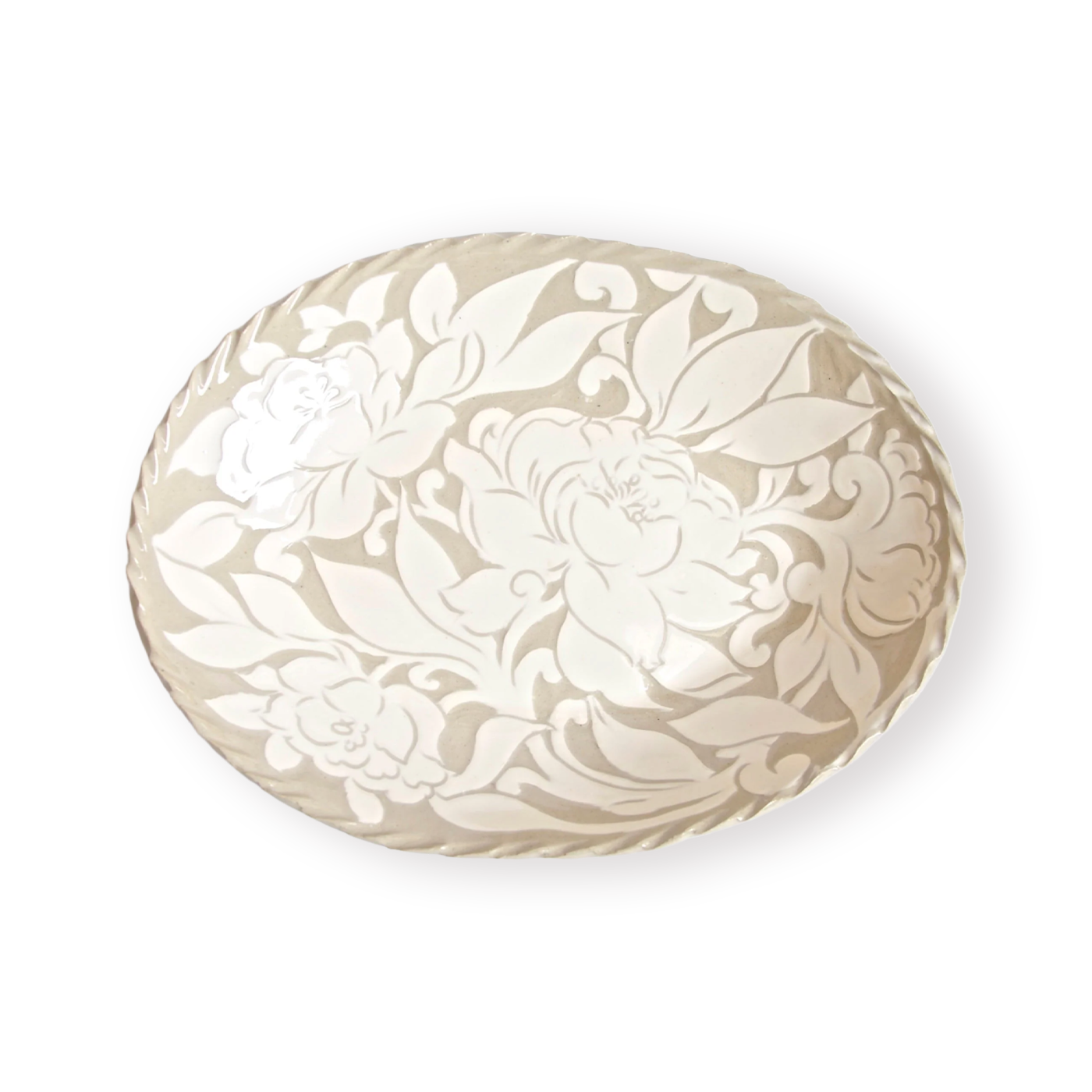 Handmade stoneware oval cream carved platters with peony flower pattern