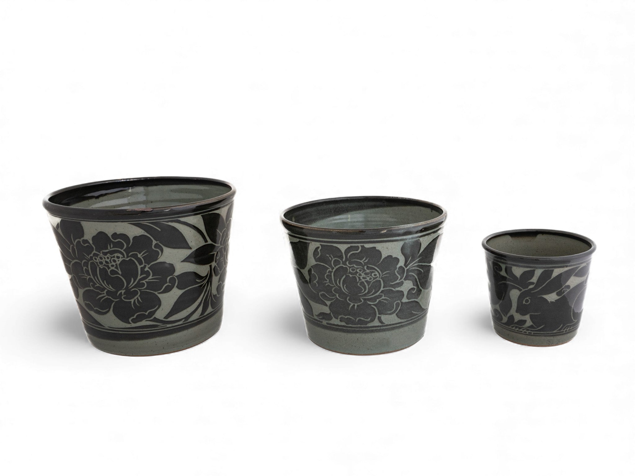 Black Carved Pottery Cache Pots