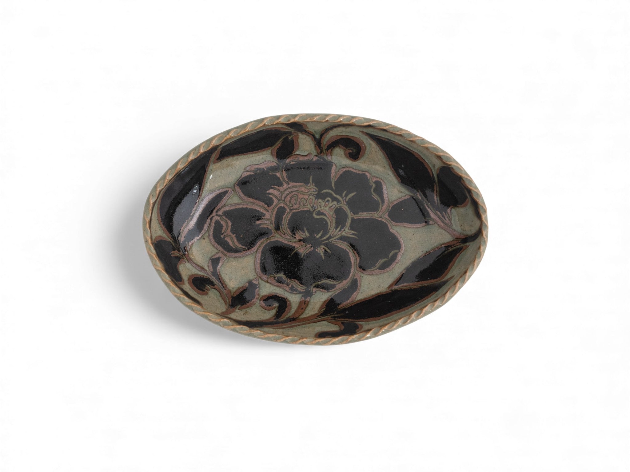 Handmade stoneware oval black carved platters with peony flower pattern
