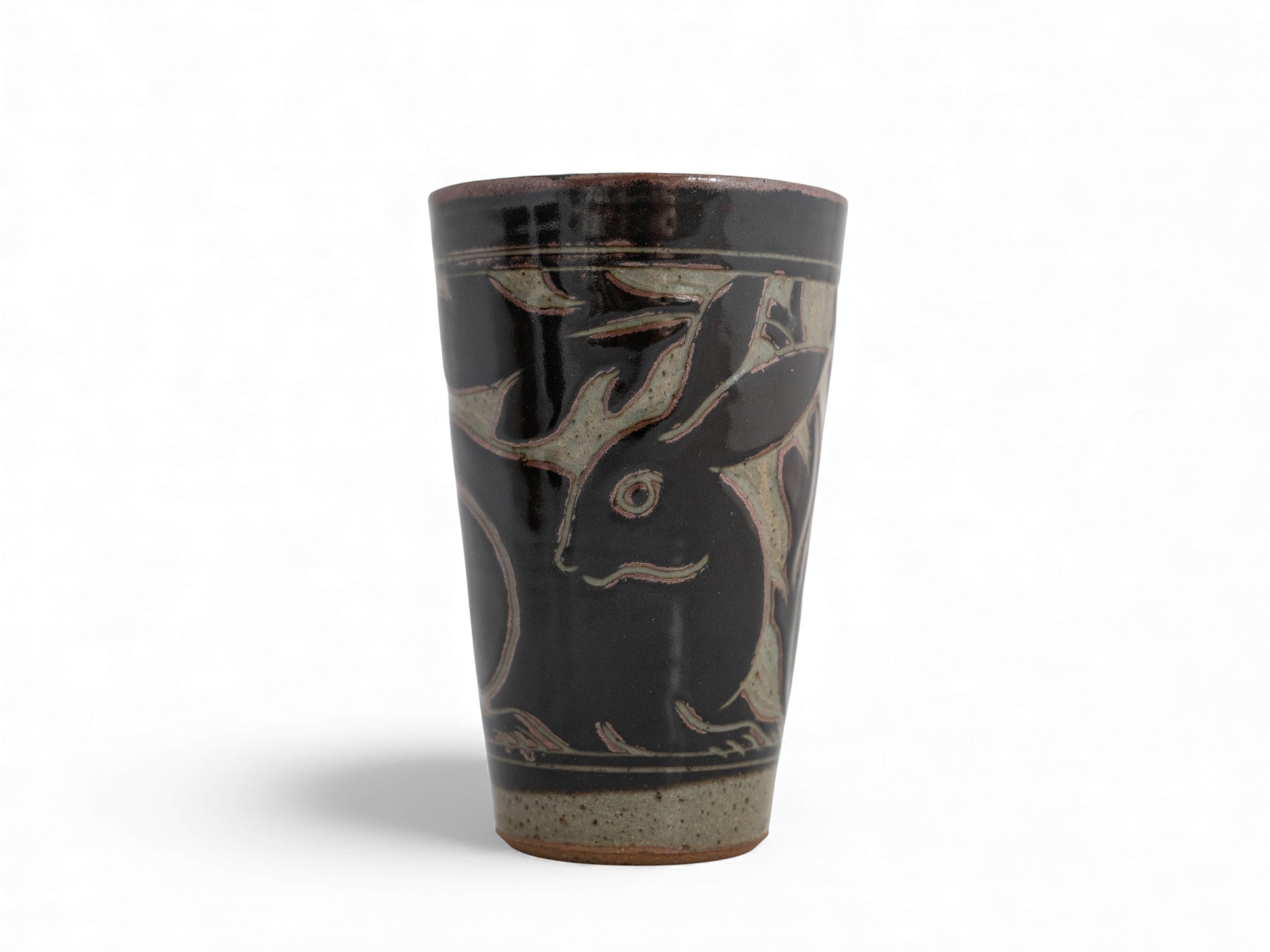 Handmade Stoneware black carved beaker cup rabbit pattern