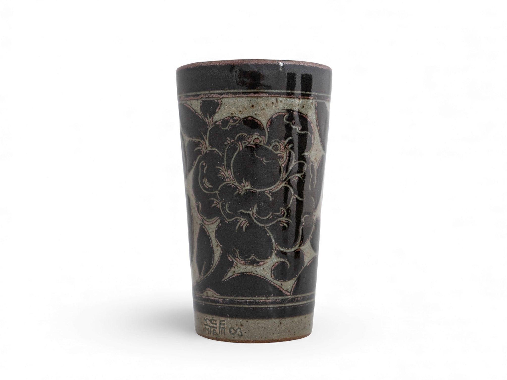 Handmade Stoneware black carved beaker cup peony pattern