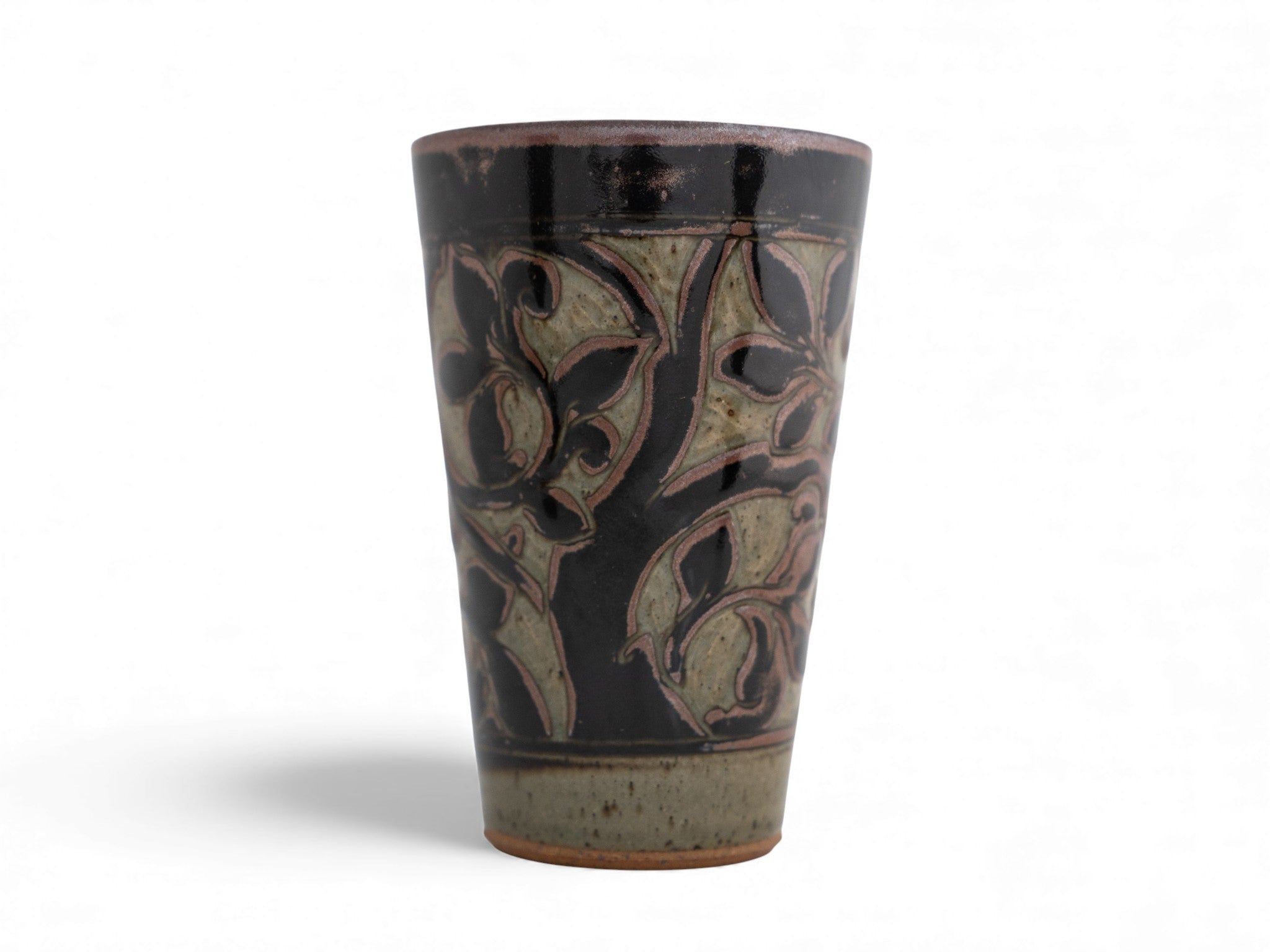 Handmade Stoneware black carved beaker cup tree pattern