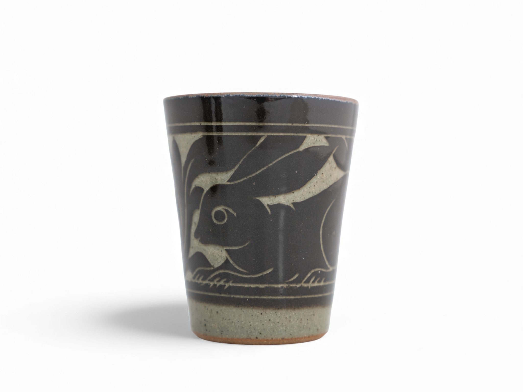 Handmade Stoneware black carved beaker cup rabbit pattern