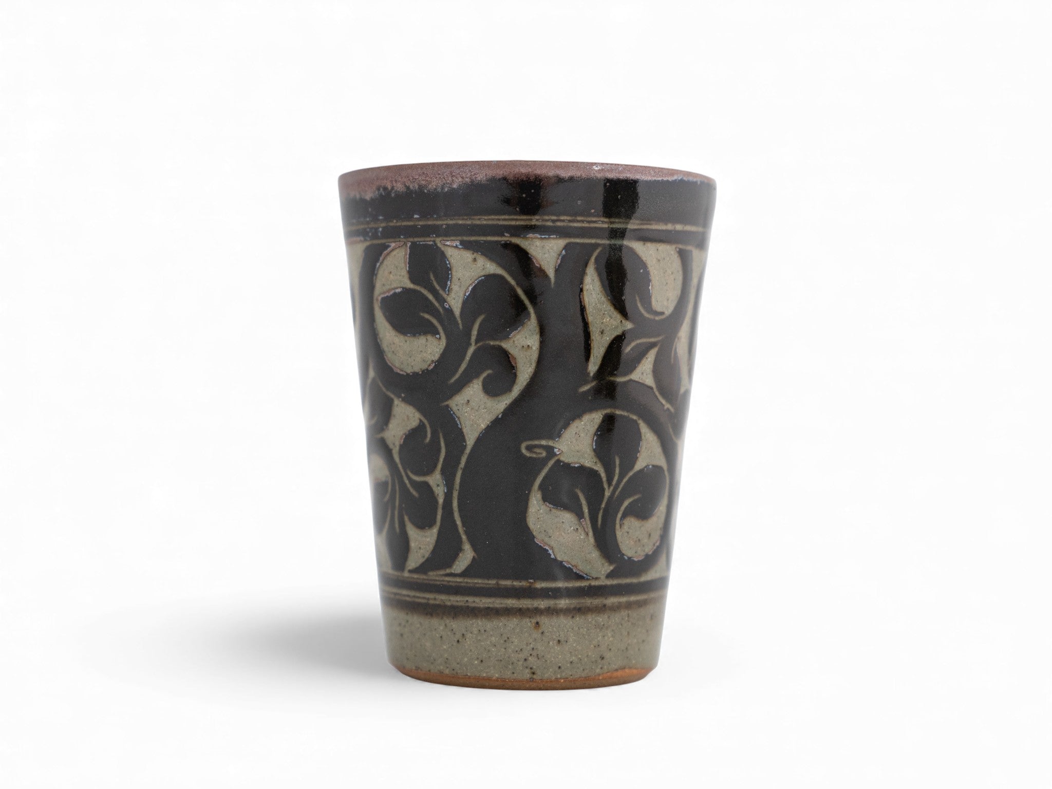 Handmade Stoneware black carved beaker cup tree pattern