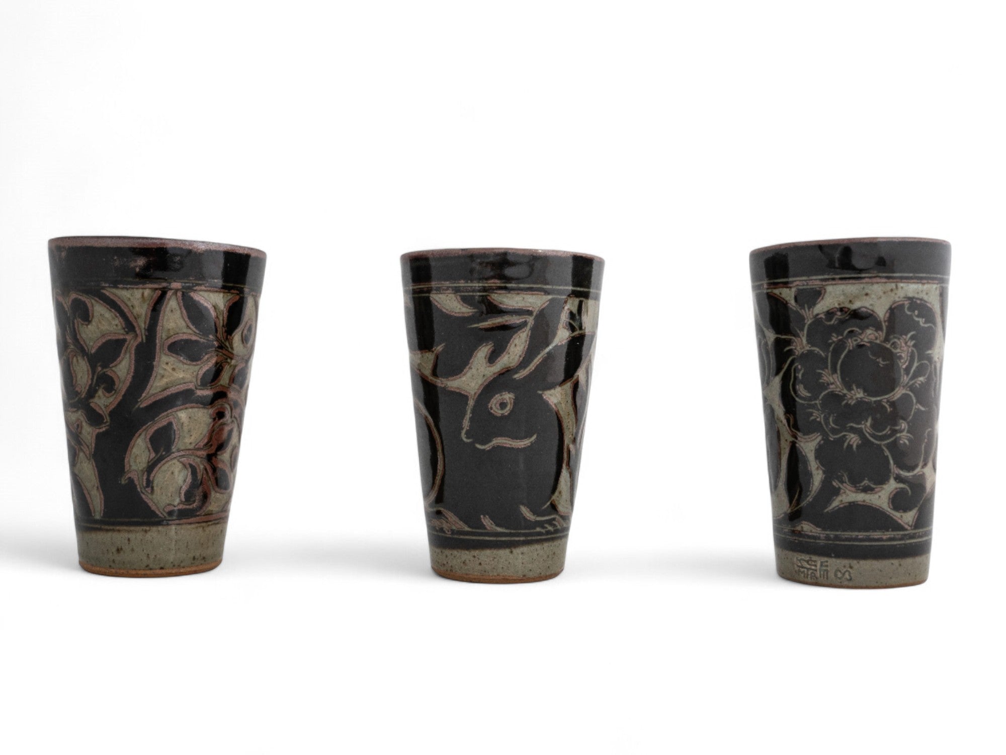 Handmade Stoneware black carved beaker cup