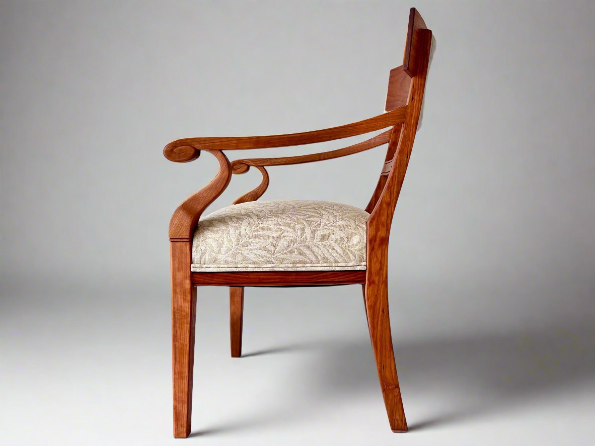 handmade wooden armchair with william morris flax fabric
