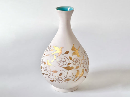 Gold Birds & Blossom on Raw Porcelain Onion Vase signed by Miranda Thomas