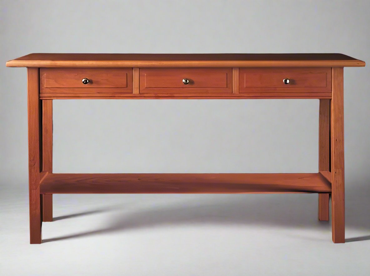 A Vermont Handmade wooden sofa table with multiple drawers and a thumbnail top