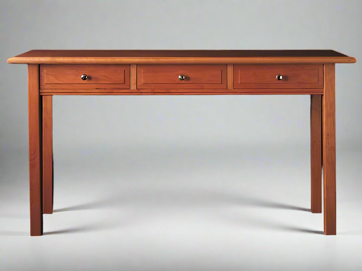 A Vermont Handmade wooden sofa table with multiple drawers and a thumbnail top