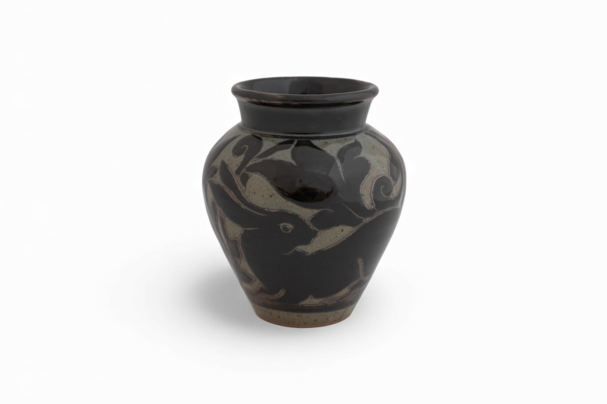 Vermont Handmade stoneware black carved vase Rabbit pattern