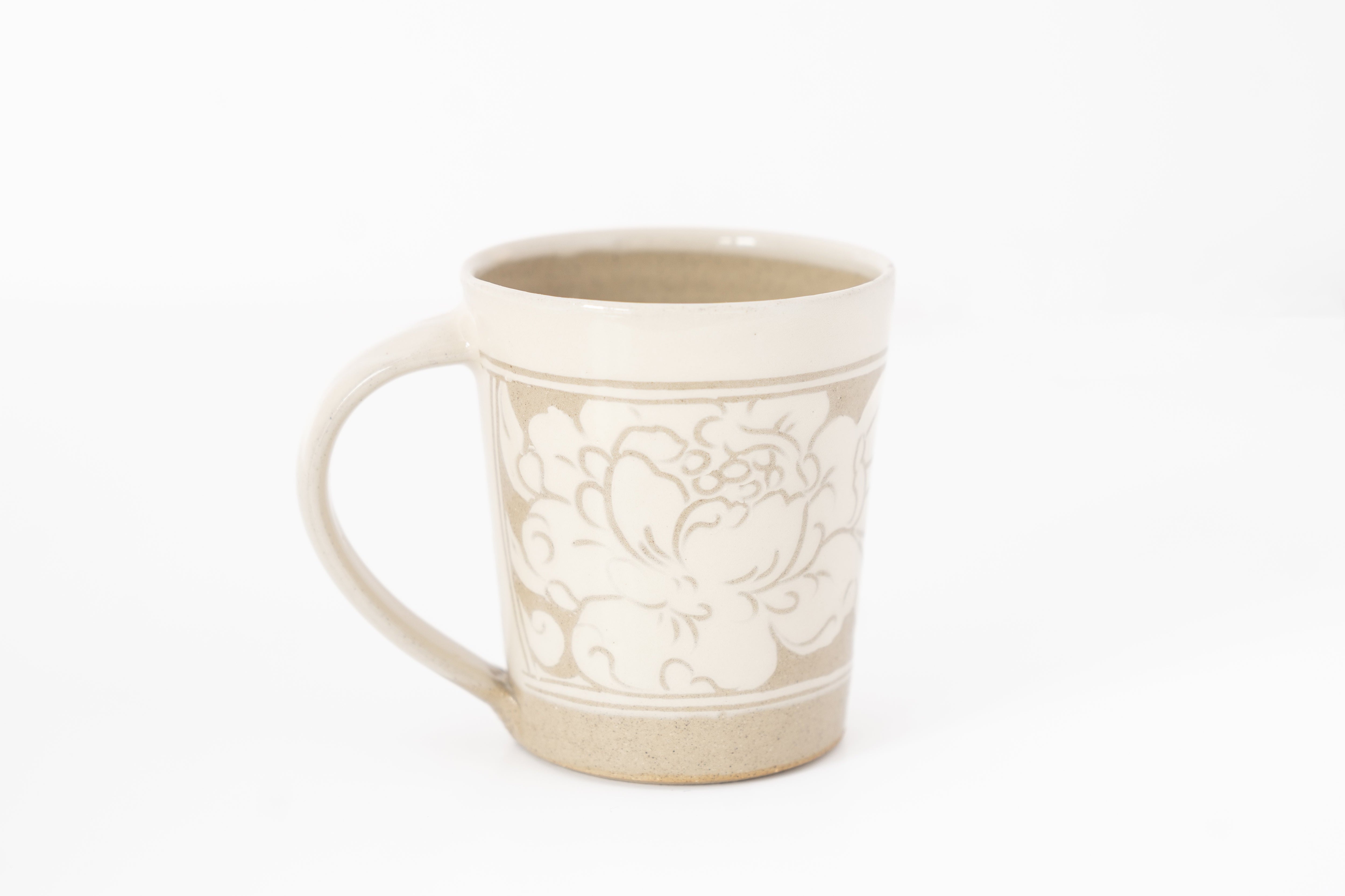 Vermont Handmade Stoneware Cream Carved Coffee Mug Peony Flower Pattern