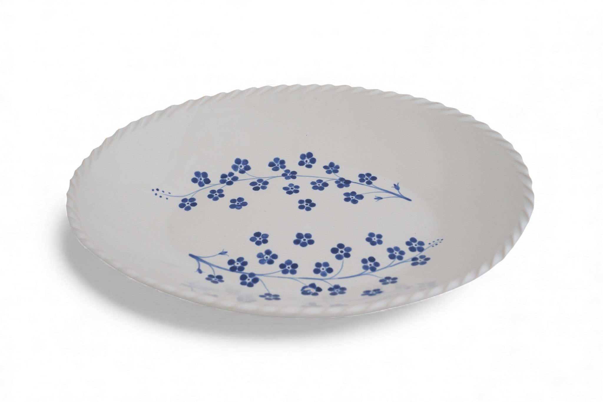 Handmade stoneware white oval platter with hand painted forget-me-not flowers