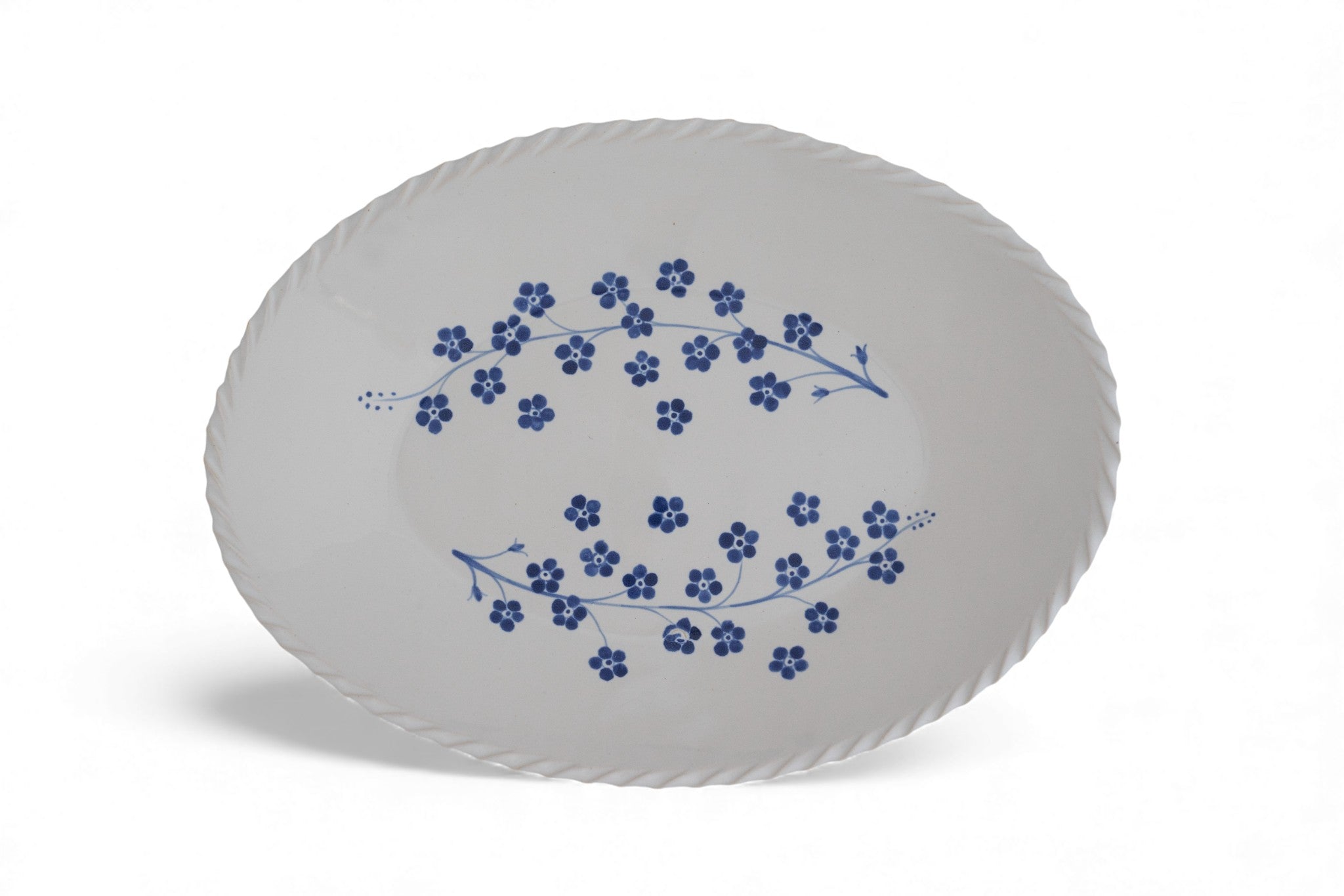 Handmade stoneware white oval platter with hand painted forget-me-not flowers