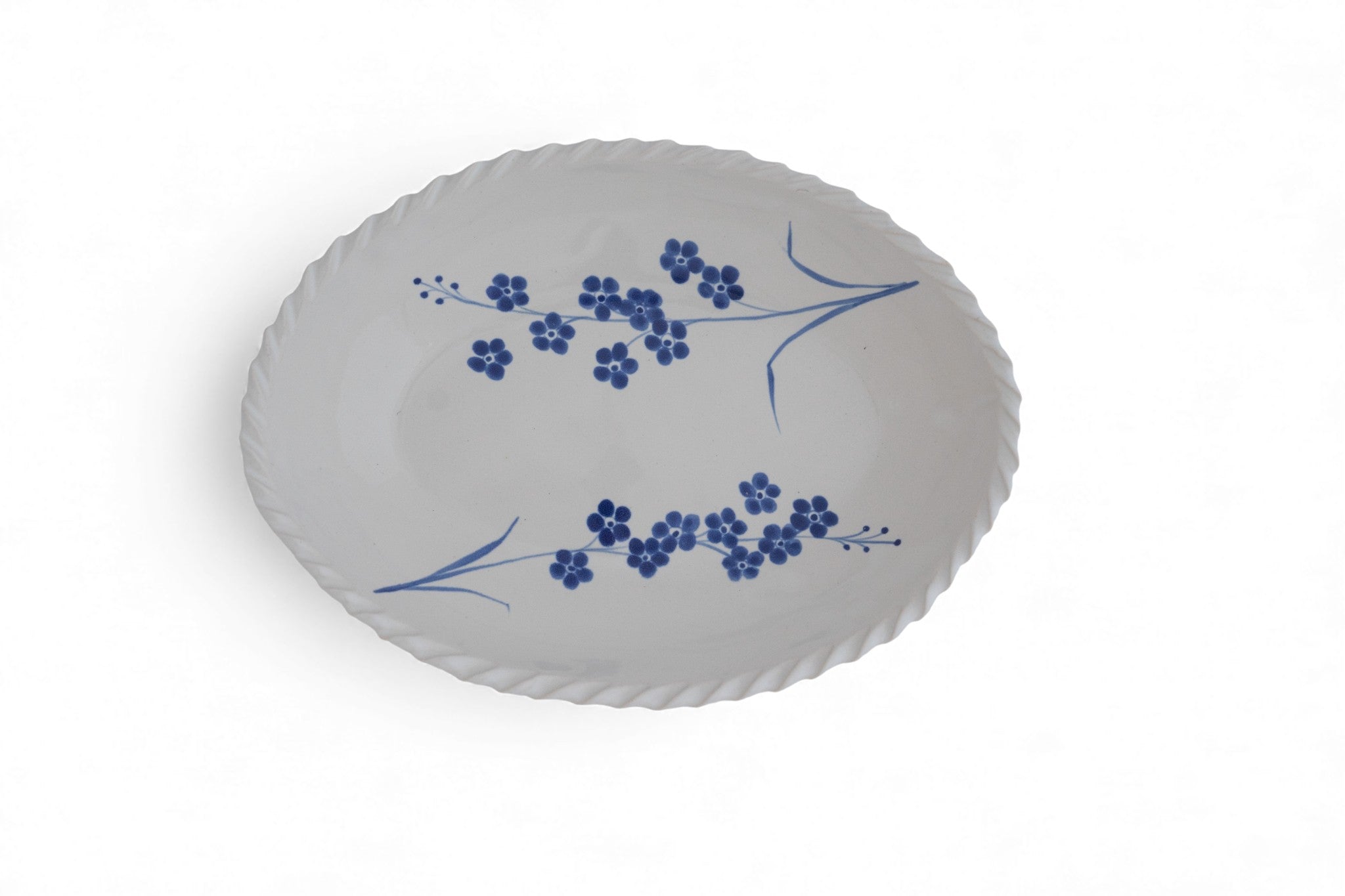 Handmade stoneware white oval platter with hand painted forget-me-not flowers