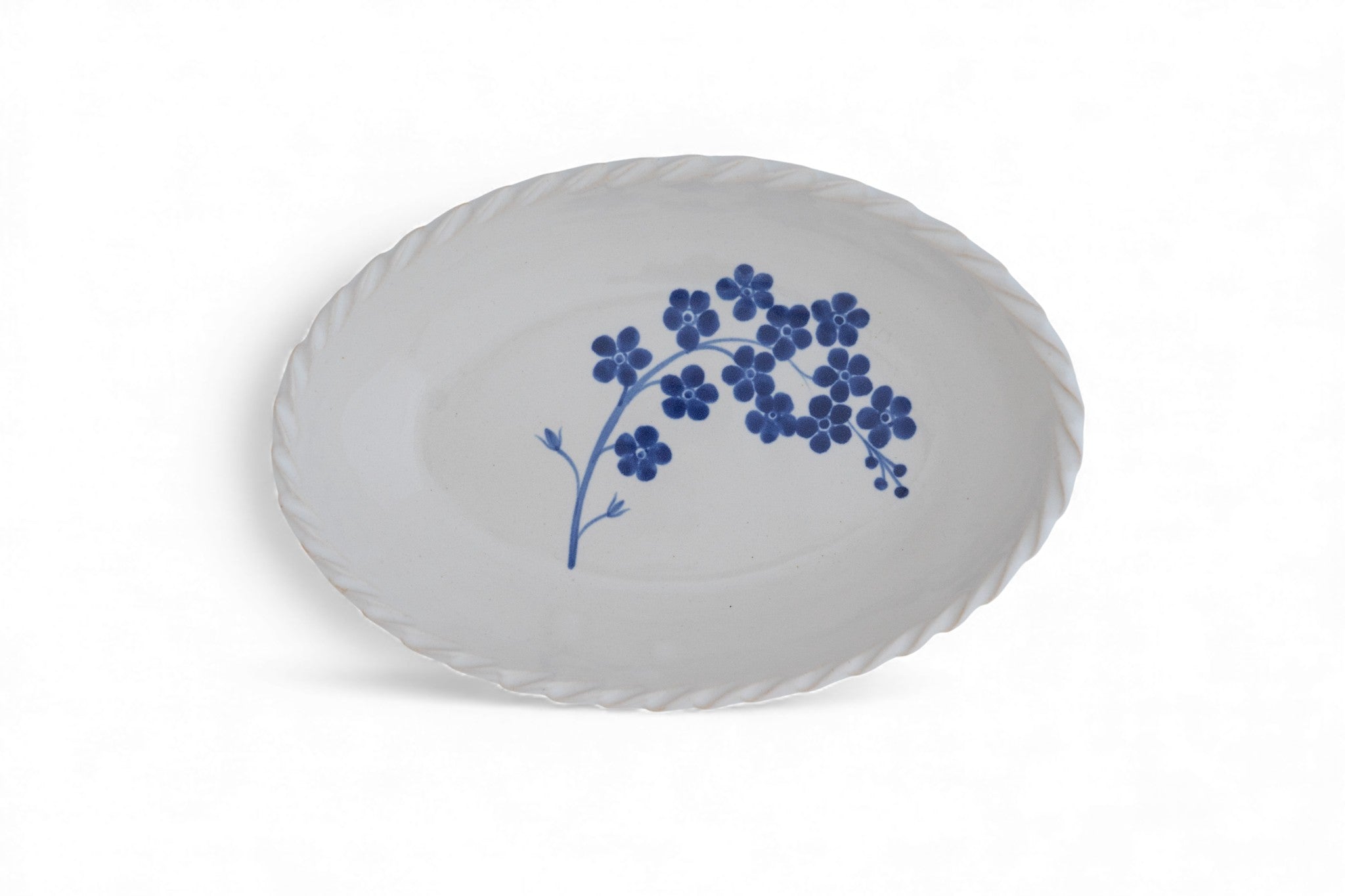 Handmade stoneware white oval platter with hand painted forget-me-not flowers