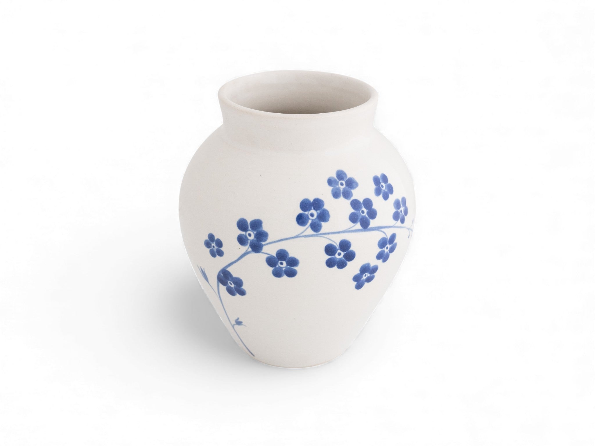 Handmade stoneware flower vase with hand painted forget-me-nots