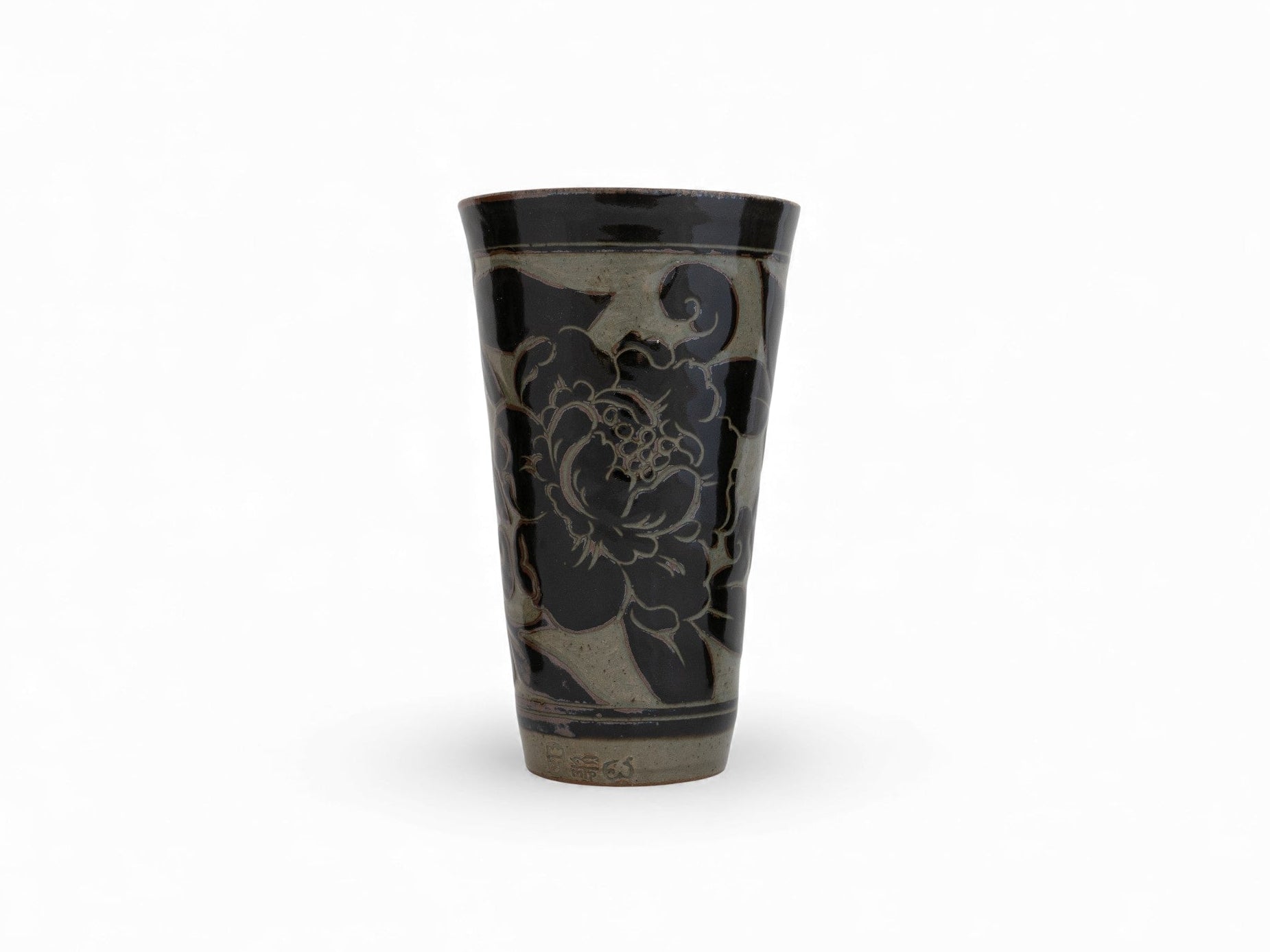 Handmade Stoneware black carved beaker cup peony pattern