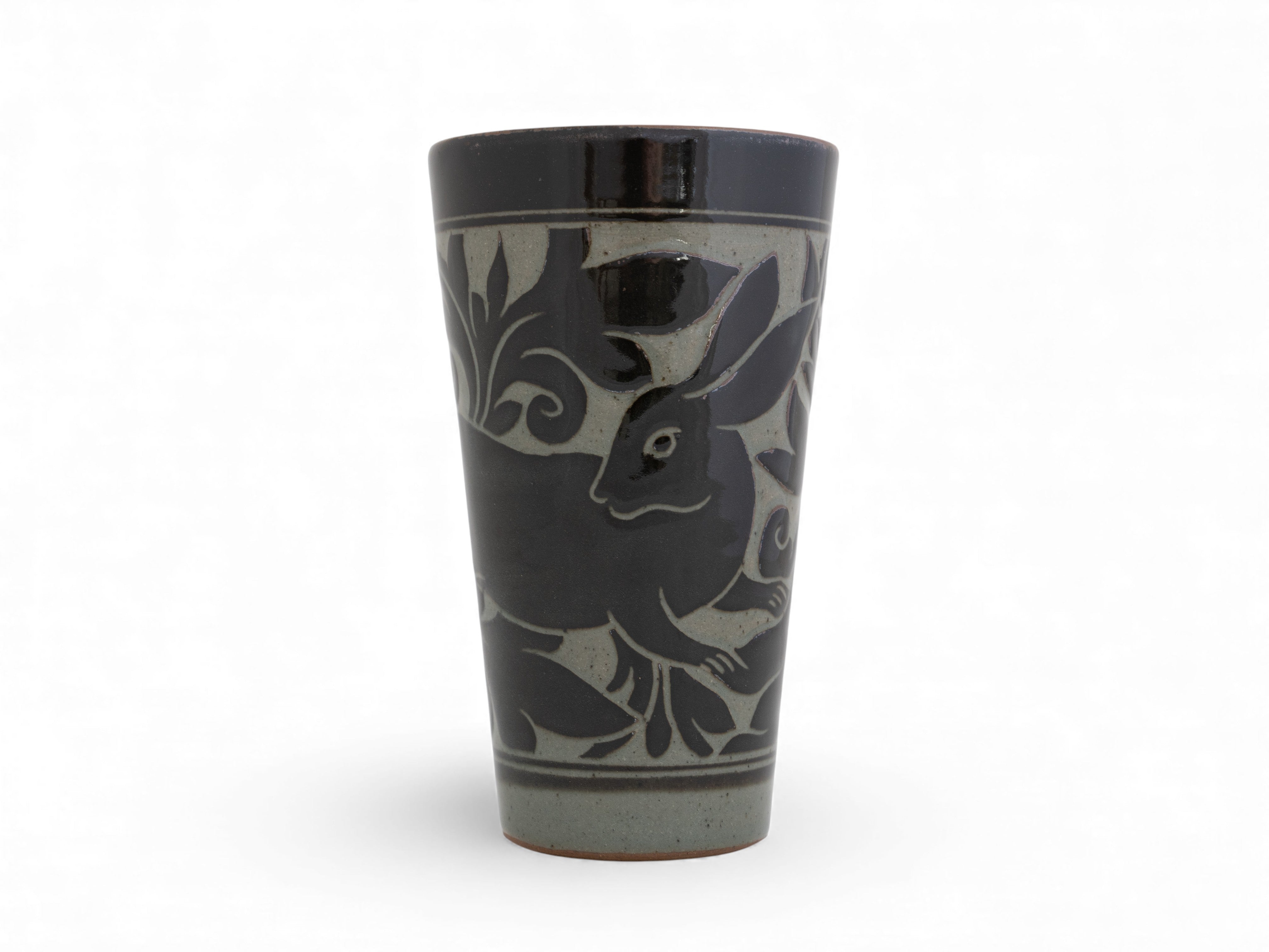 Handmade Stoneware black carved beaker cup rabbit pattern