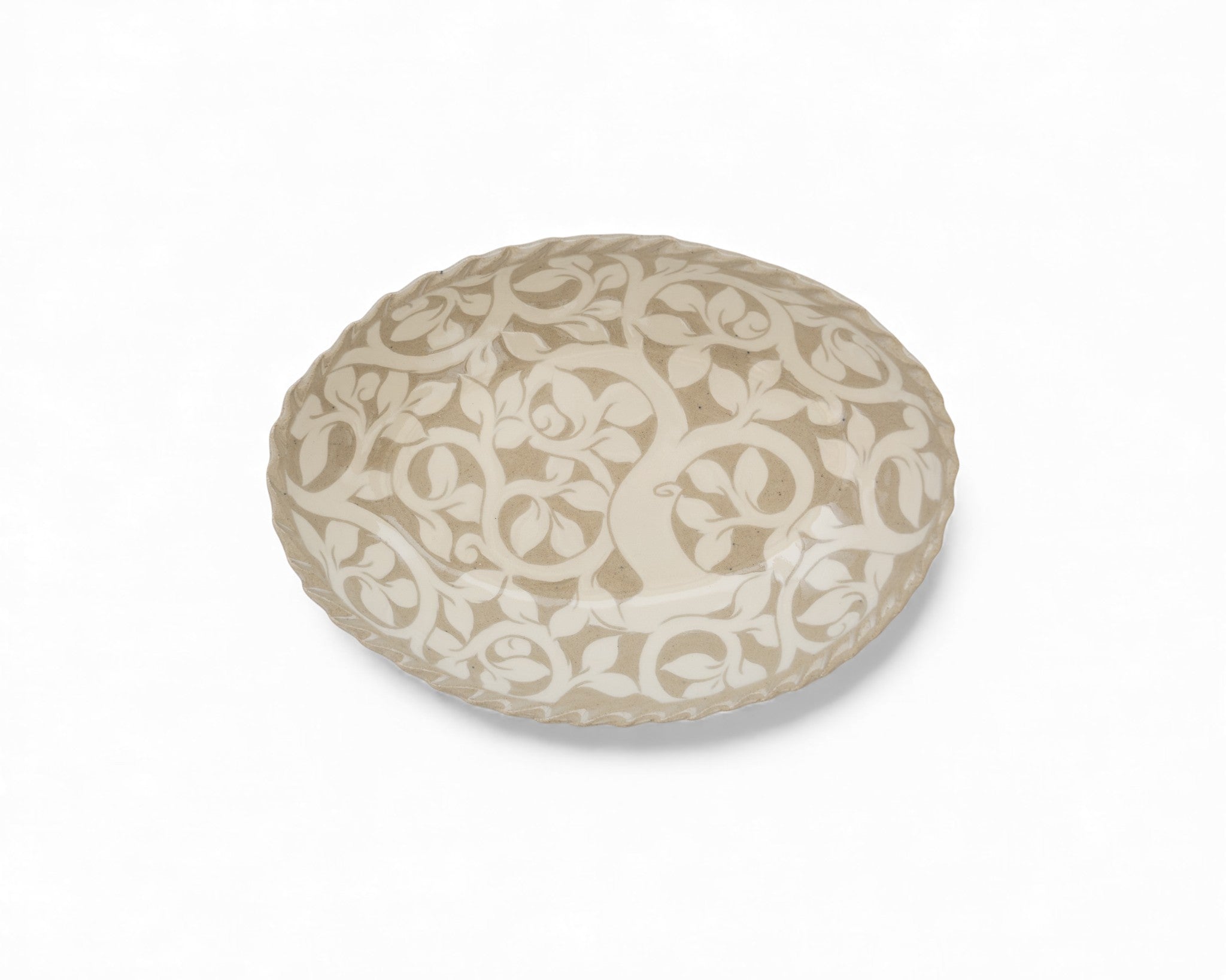 Handmade stoneware oval cream carved platters with tree pattern