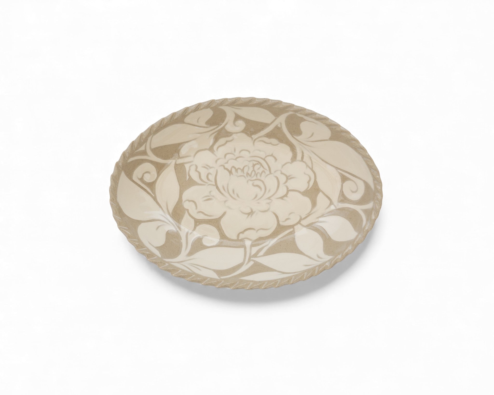 Handmade stoneware oval cream carved platters with peony flower pattern
