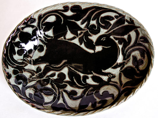 Large Black Carved Oval Platter