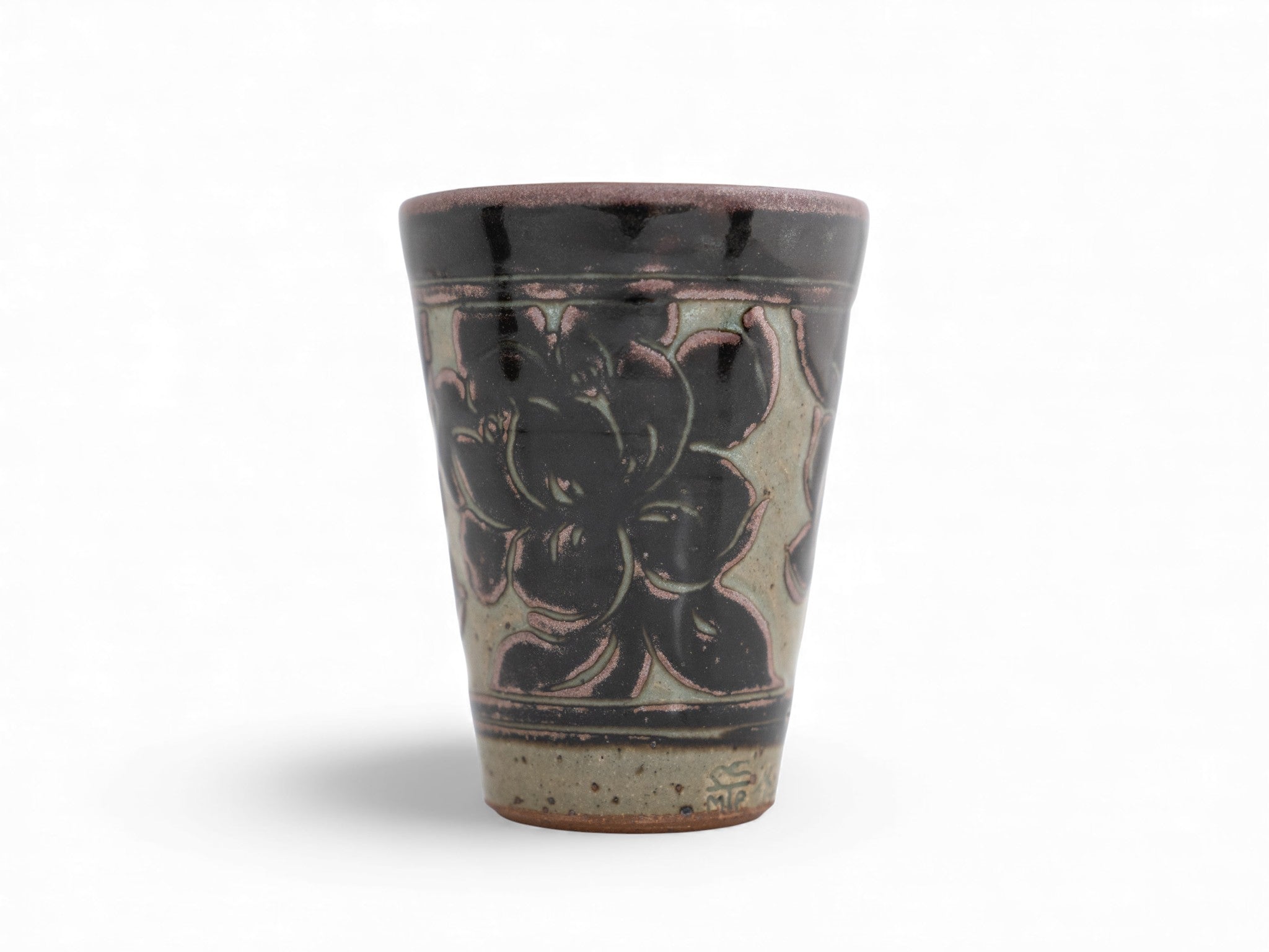 Handmade Stoneware black carved beaker cup peony pattern