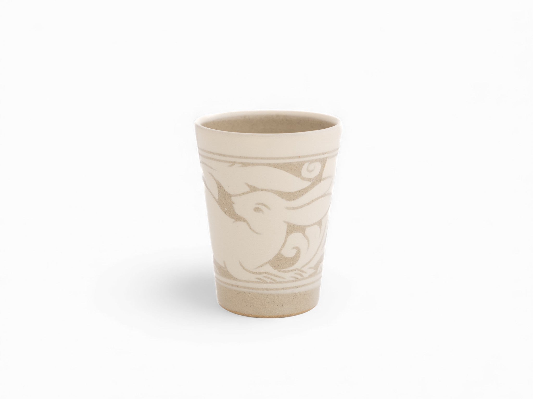 Handmade stoneware cream beaker cup rabbit pattern