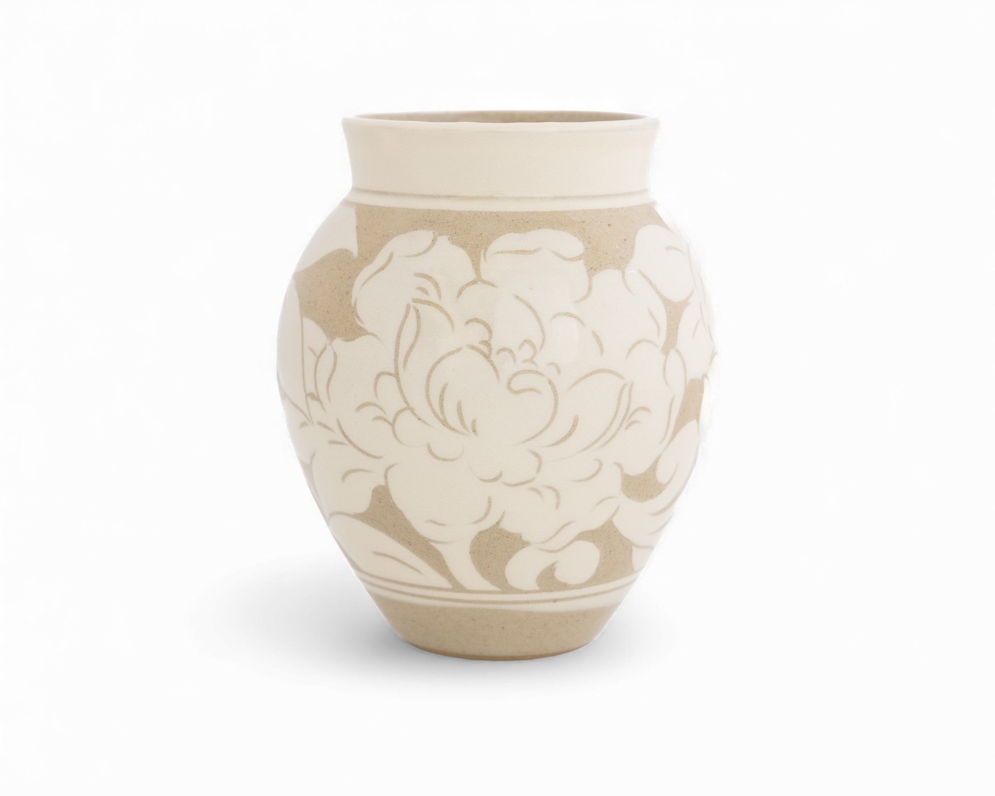 Vermont Handmade stoneware cream carved flower vase pattern peony
