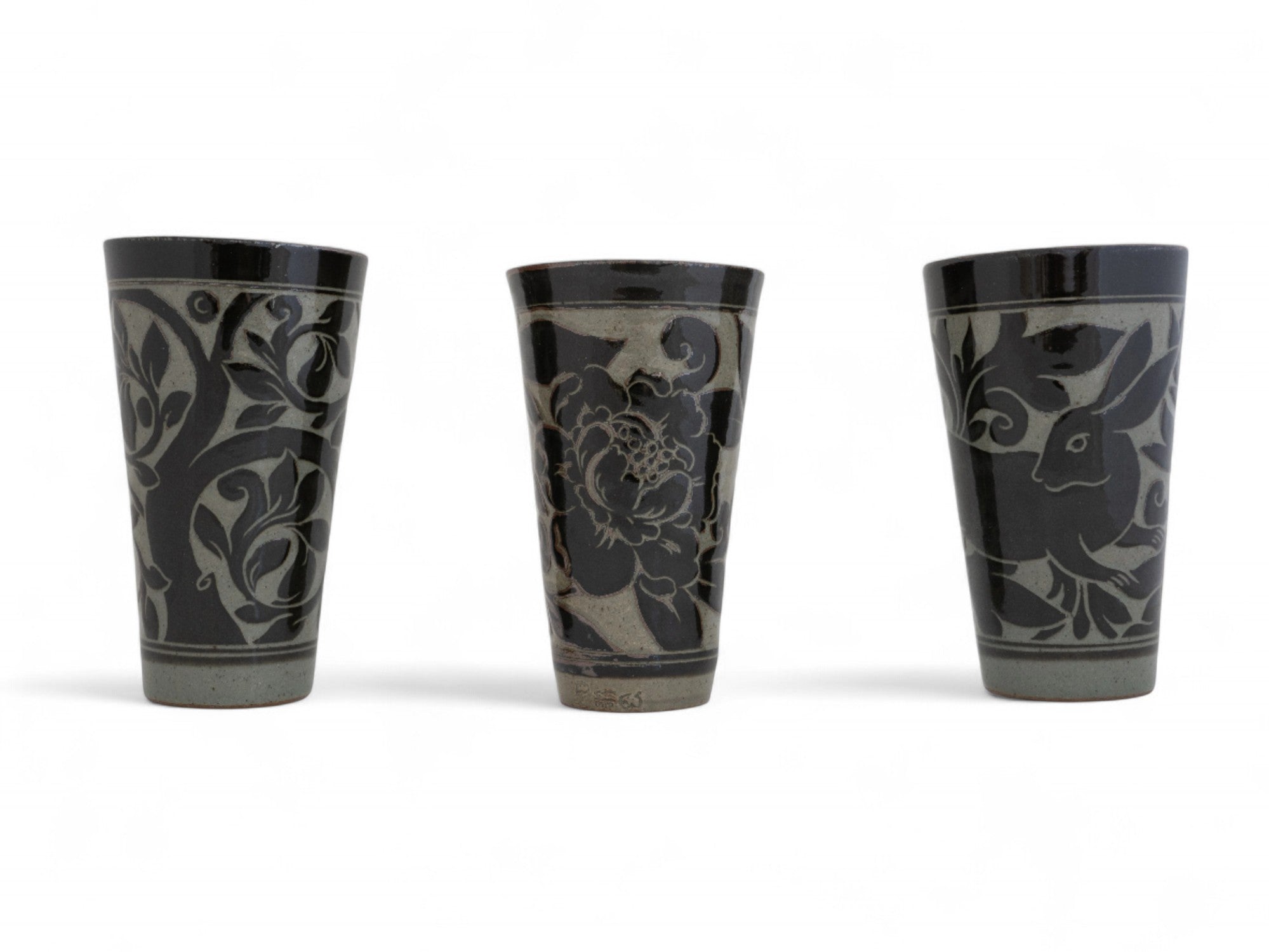 Handmade Stoneware black carved beaker cup 