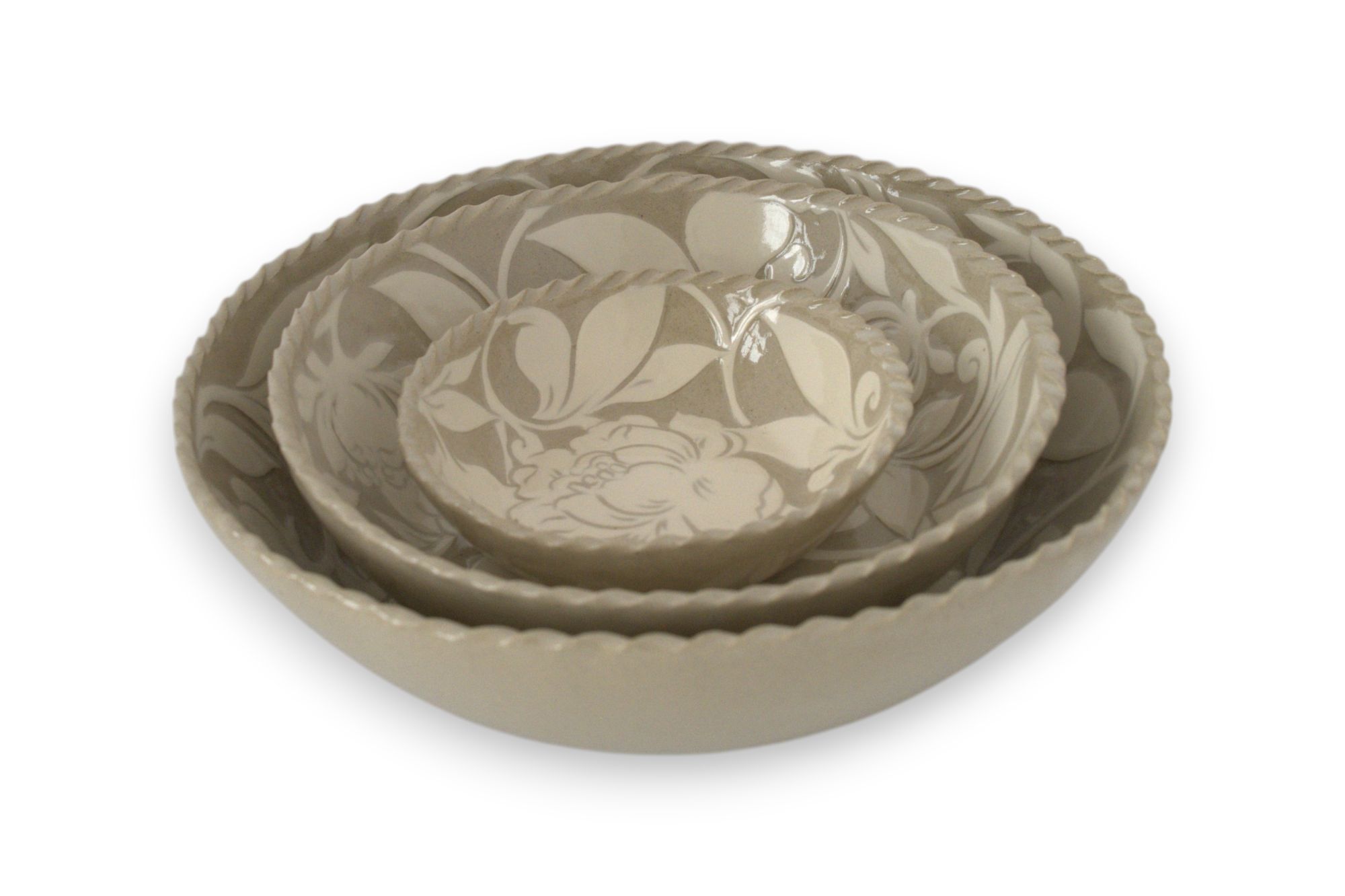 Cream Carved Stacking Ovenware Set - Set of Three- 7", 11", and 13" Diameter