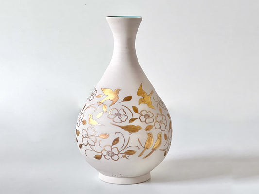Gold Birds & Blossom on Raw Porcelain Onion Vase signed by Miranda Thomas