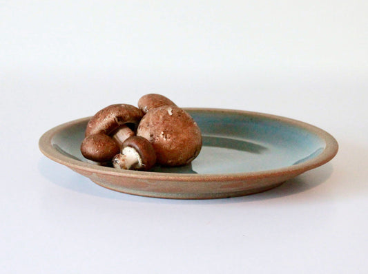 Raw clay plate with blue-green celadon glaze on inside surface with brownmushrooms
