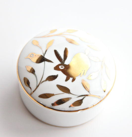 2.5" Gold Banded Lidded Box with 24K Gold Painted Bird & Rabbit
